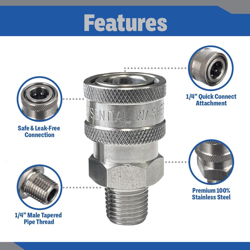 Essential Washer Stainless Steel Â¼â€ Quick Connect Male NPT | Pressure Washer Quick Connect Fittings | 5000 PSI | Set Of 2 - Image 3